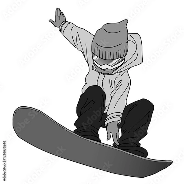 Fototapeta スノボでジャンプする男性　グレー