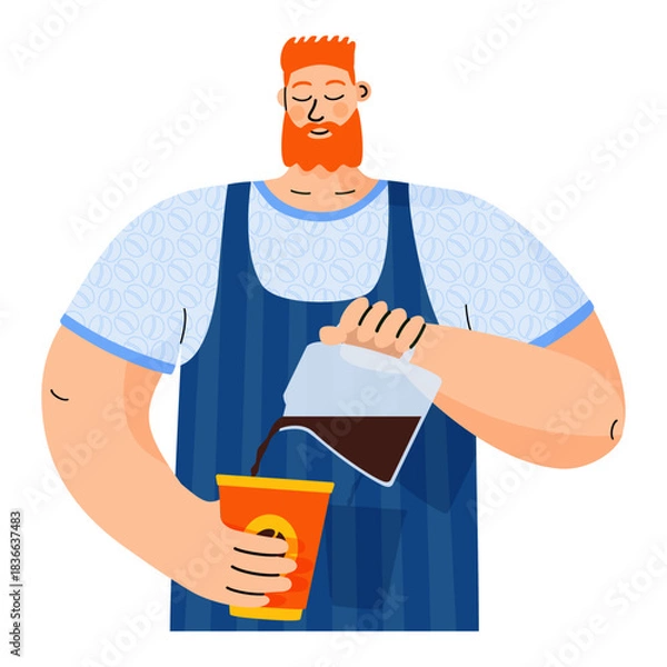 Obraz Hand-drawn vector of a red-haired, long-bearded barista brewing coffee with a V60 dripper. Ideal for café menus, coffee shop branding, web graphics, and various printed designs. Isolated on white.