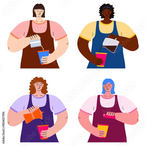 Obraz Hand-drawn vector set of female baristas preparing various coffee drinks. Ideal for café menus, coffee shop branding, web visuals, and printed materials. Isolated on a clean white background.