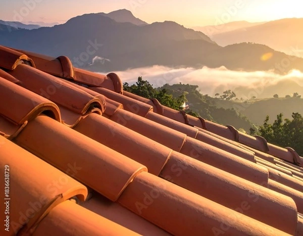 Obraz View from a tiled roof at dawn over mountains and low-lying clouds