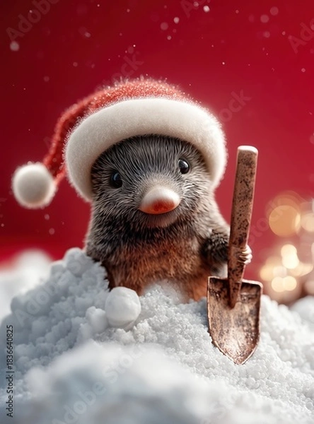Obraz Weihnachtlicher Maulwurf mit Schaufel im Schnee