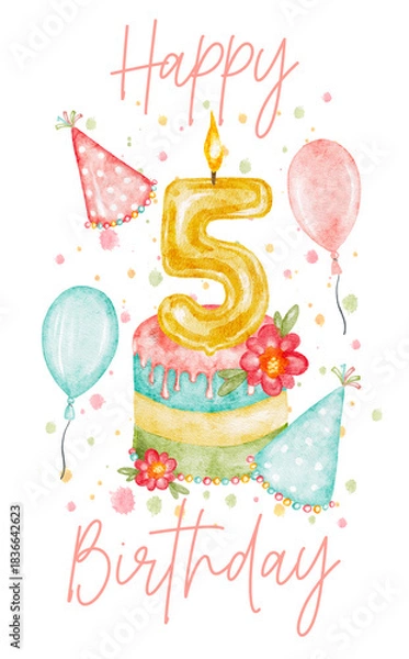 Fototapeta Watercolor happy birthday card for five year old.
