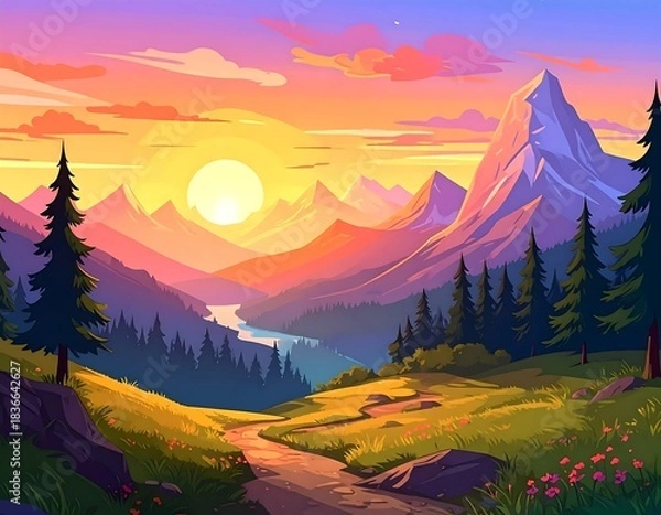 Obraz Vivid landscape painting of a sunset illuminating a mountain range
