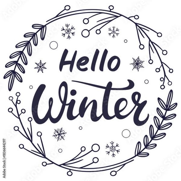 Fototapeta Charming Hello Winter wreath design perfect for holiday cards and seasonal promotions, adding a touch of cozy elegance to your festive projects