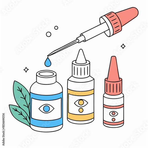 Fototapeta Modern line art showing eye drop bottles and a dropper applying medication for clear vision and eye care