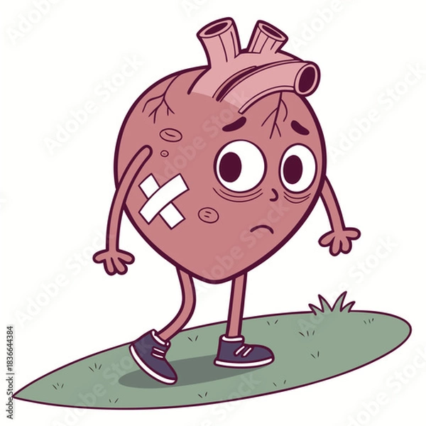 Fototapeta Sad cartoon heart with a bandage struggles to balance on a patch of grass