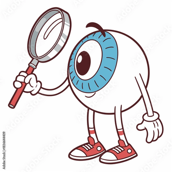 Fototapeta Fun cartoon eyeball character with magnifying glass searches for perfect vision concept in playful style