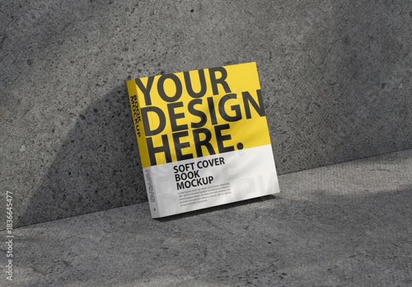 Obraz Square Softcover book mockup stands leaning against the wall