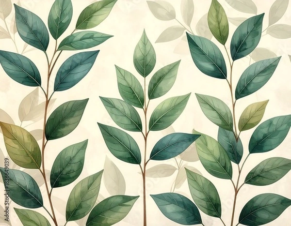 Obraz Watercolor depiction of leafy branches against a pale cream backdrop