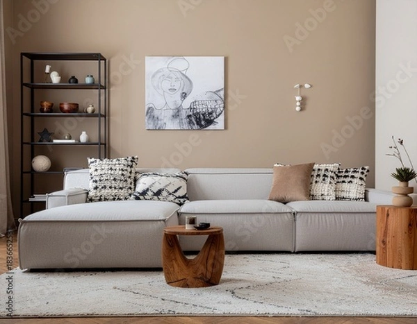 Fototapeta Stylish composition of living room interior with design black commode, a lot of plants, mock up poster map, decoration and elegant personal accessories. template. Modern home decor