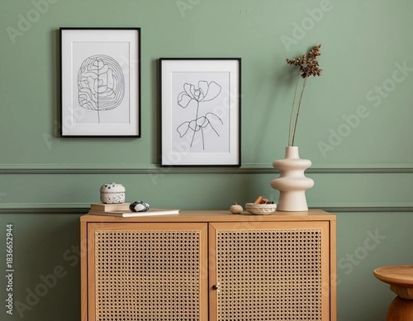 Fototapeta Stylish living room interior design with mock up poster frame, frotte armchair, wooden commode, side table, plants and creative home accessories. Eucalyptus wall. Home staging. Template. Copy space