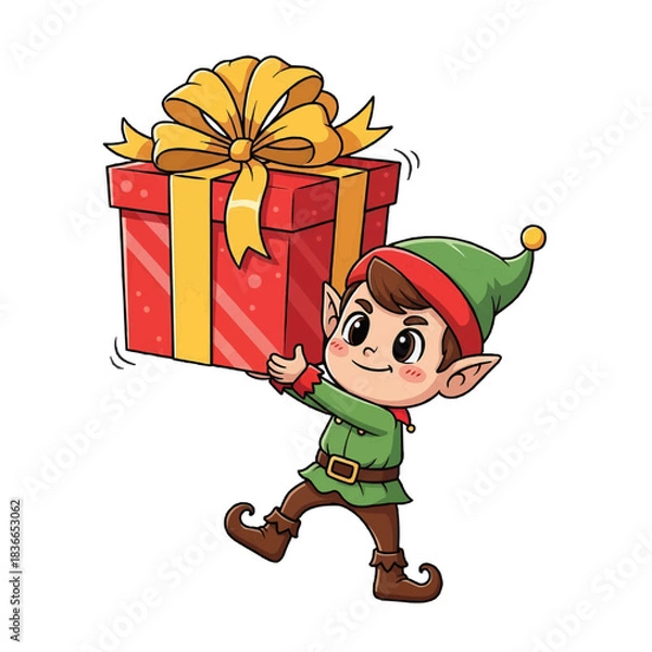 Obraz Cute christmas elf carrying a large red gift box with gold bow