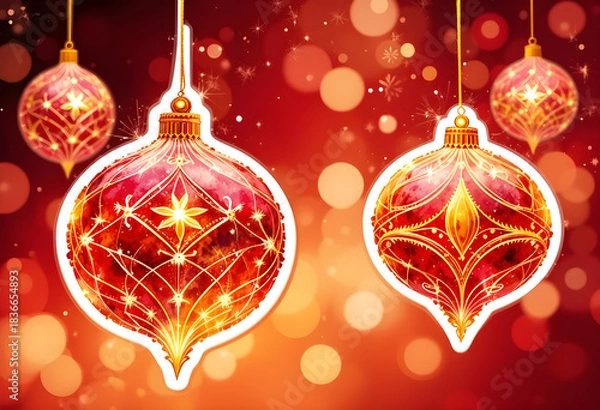 Fototapeta Red and yellow watercolor gradient with large decorative ornaments neon accents abstract glowing lines soft bokeh circles