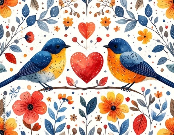 Obraz Watercolor painting of birds perched on a branch with heart and flowers