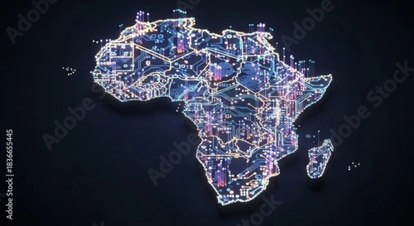 Obraz 3D Isometric Render of Africa as Glowing Circuit Board and Digital Network