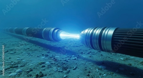 Obraz Armored Fiber Optic Cable on Ocean Floor with Glowing Data Pulse