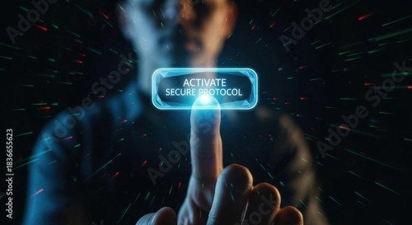 Obraz Finger Hovering Over Luminous 'Activate Secure Protocol' Holographic Button