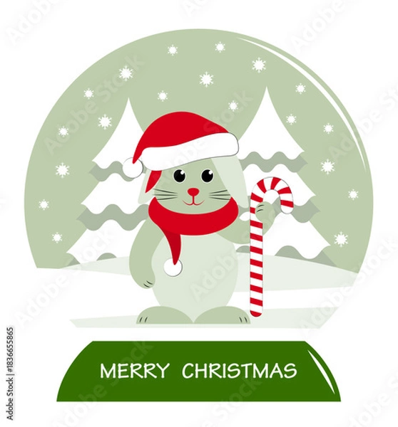 Fototapeta bunny with cap and scarf and christmas stick in snow ball isolated on white background