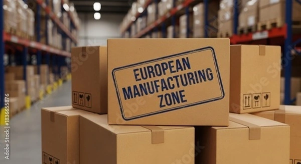 Obraz Stacked Cardboard Boxes with 'European Manufacturing Zone' Stamp in Warehouse