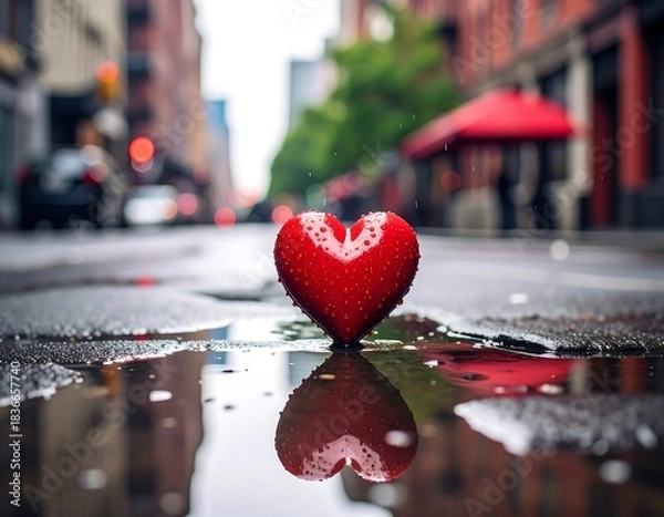 Obraz Wet street with a heart shape and reflections