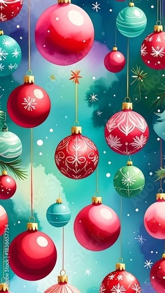 Obraz Watercolor-style ornaments adorn festive background, snow falling