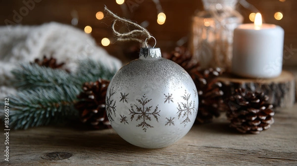 Fototapeta Silver Christmas bauble with snowflake pattern surrounded by pine cones and warm festive lights