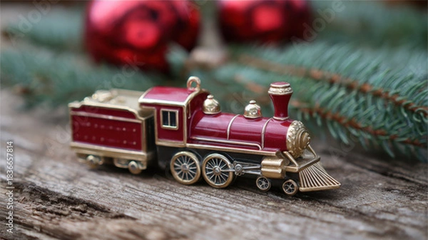 Fototapeta Red and gold miniature train ornament resting on rustic wood with evergreen branches and Christmas decor