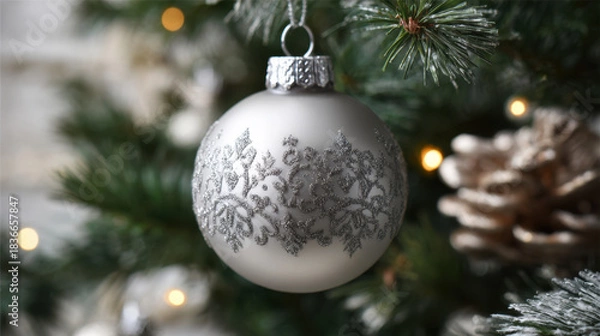 Fototapeta Silver Christmas bauble with glittery leaf pattern hanging on a green tree with warm festive lights