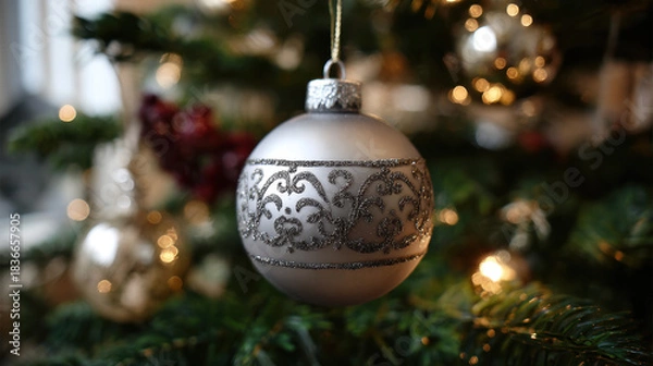 Fototapeta Silver Christmas bauble with ornate glitter pattern hanging on a decorated tree with warm glowing lights