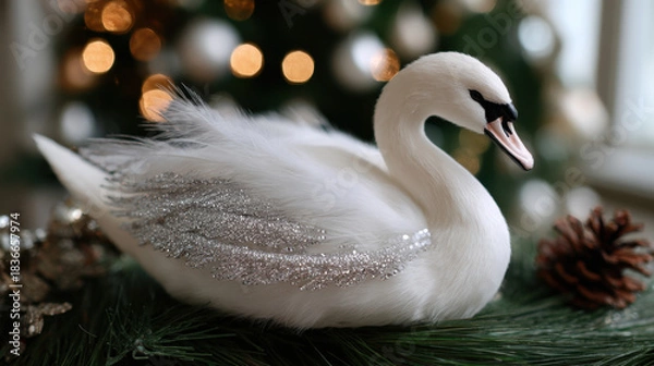 Fototapeta Elegant white swan ornament with silver glitter wings displayed on pine branches against warm festive lights