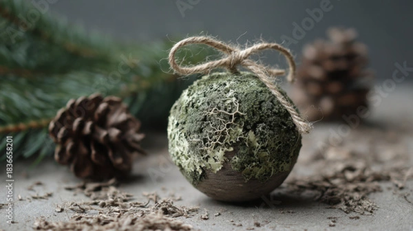 Fototapeta Wooden ornament ball covered with lichen and tied with rustic twine surrounded by pine branches and cones
