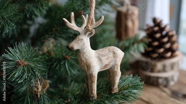 Fototapeta Rustic wooden deer ornament with carved details hanging on a pine tree branch in a cozy holiday setting