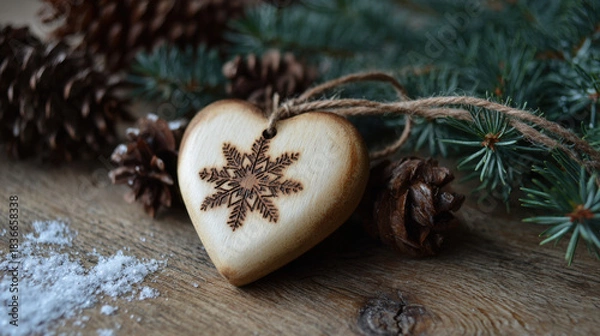 Fototapeta Wooden heart ornament with burned snowflake design resting on rustic wood surrounded by pine branches and cones