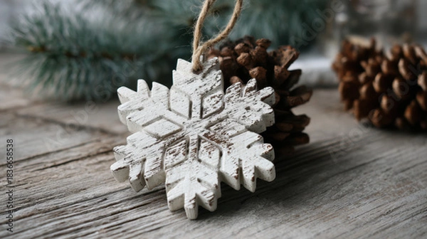 Fototapeta Whitewashed wooden snowflake ornament with distressed texture placed among pinecones on rustic wood