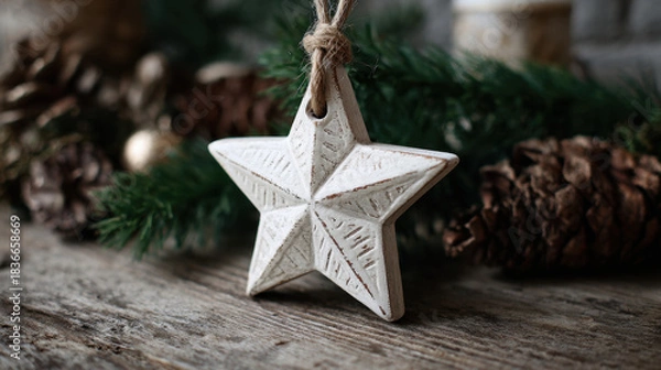 Fototapeta Rustic hand-carved white wooden star ornament with distressed texture displayed among pinecones and greenery