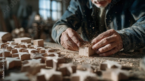 Fototapeta Elderly craftsman carving wooden star shapes in a rustic workshop as wood shavings scatter around