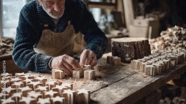 Fototapeta An elderly woodworker shaping wooden star blocks on a dusty workbench in a traditional workshop