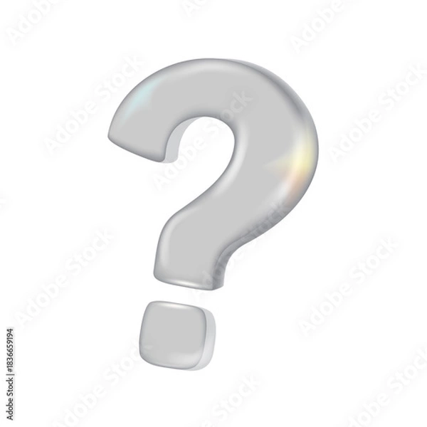 Obraz 3d glass question mark abstract, fluid shape with holographic effect isolated on white background.