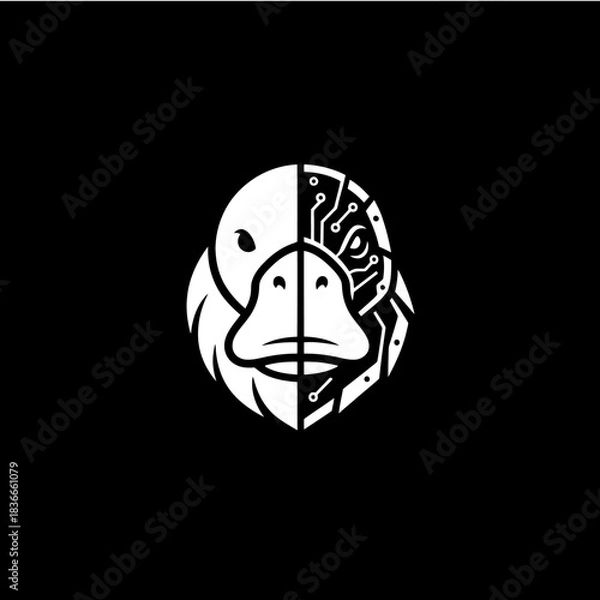 Fototapeta A striking white illustration of a duck's head, split down the middle, with one half featuring organic feathers and the other half a complex circuit board design.