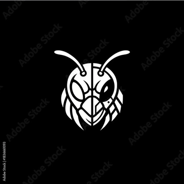 Fototapeta Stylized white outline of an insect head, resembling a bee or wasp, on a black background, graphic logo design.
