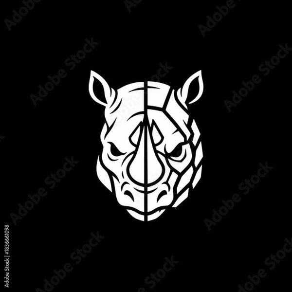 Fototapeta A striking white rhinoceros head logo with a geometric, fragmented design on a black background.