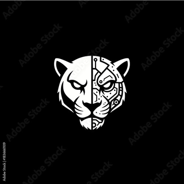 Fototapeta A striking black and white illustration of a cybernetic panther's head, merging organic and mechanical features.