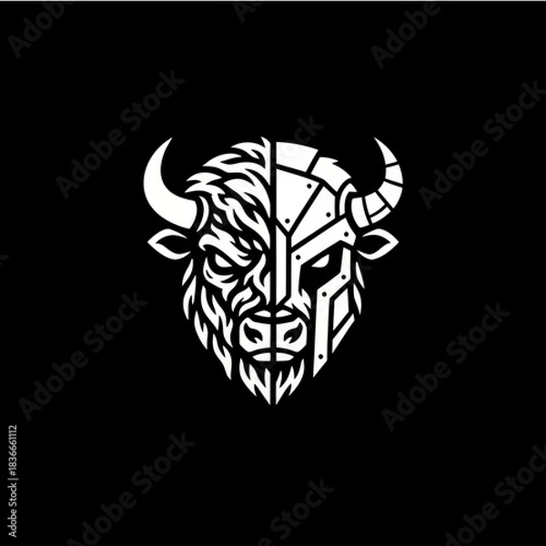 Fototapeta A powerful graphic illustration of a bull's head split into a natural, fierce side and an armored, mechanical warrior helmet side, on a black background.