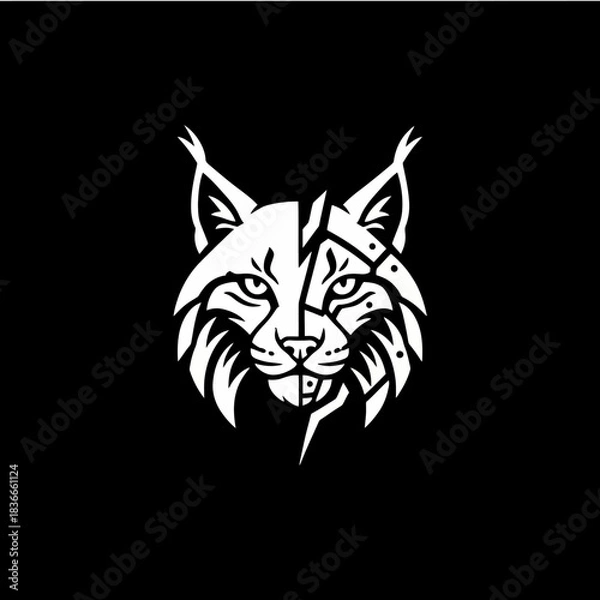 Fototapeta A striking white stylized lynx head logo with geometric and mechanical elements on a black background.