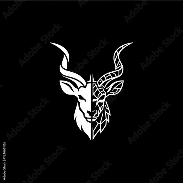 Fototapeta A striking black and white graphic illustration of a kudu antelope's head split down the middle.