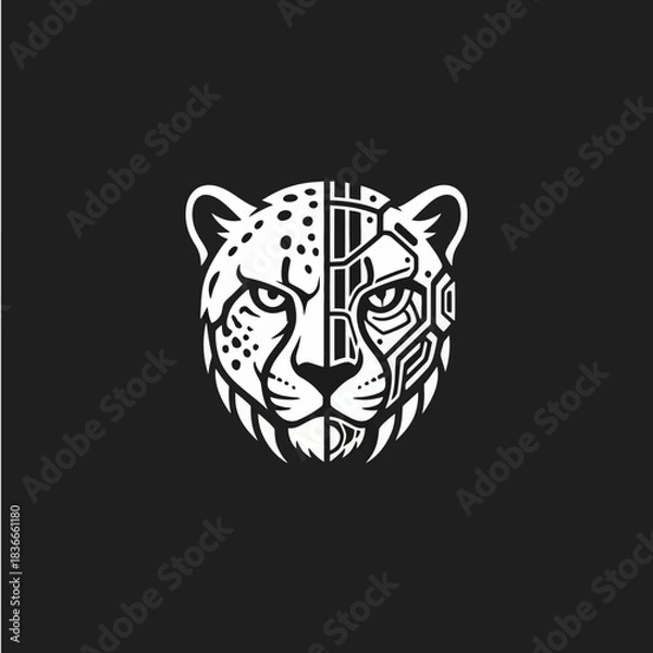 Fototapeta Striking black and white illustration of a cheetah's head, half organic and half cybernetic, blending nature with advanced technology.