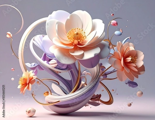 Obraz Whimsical floral arrangement, pastel colors, flowing ribbons, delicate design