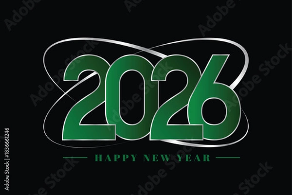 Fototapeta Elegant Green 2026 Happy New Year Design with Metallic Silver Accents on Black Background
