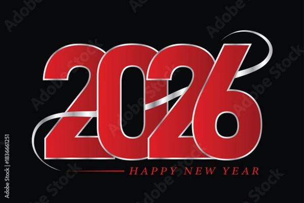 Fototapeta Elegant Red 2026 Happy New Year Design with Metallic Silver Accents on Black Background
