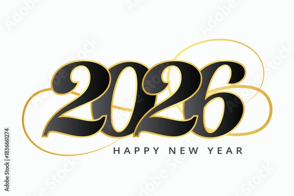 Fototapeta Elegant 2026 Happy New Year Typography with Black and Gold Decorative Style

